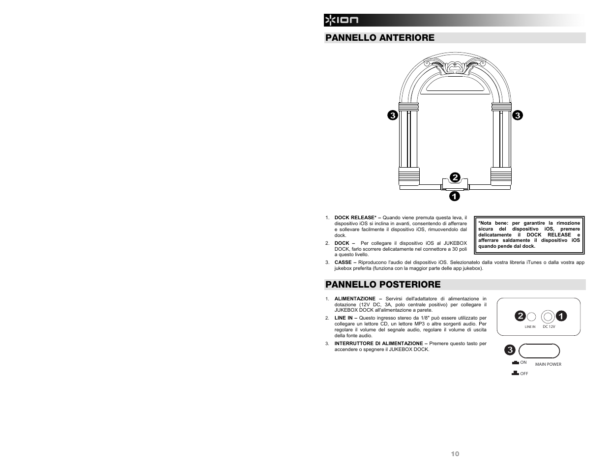 Pannello anteriore, Pannello posteriore | ION Audio Jukebox Dock User Manual | Page 10 / 16