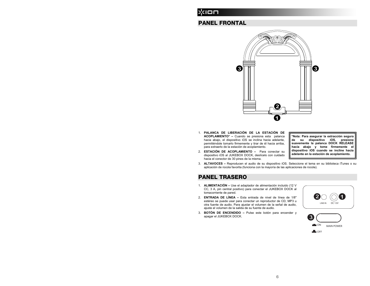 Panel frontal, Panel trasero | ION Audio Jukebox Dock User Manual | Page 6 / 16