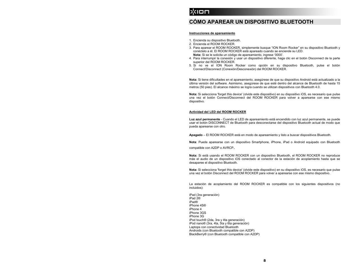 Cómo aparear un dispositivo bluetooth | ION Audio Room Rocker User Manual | Page 8 / 28