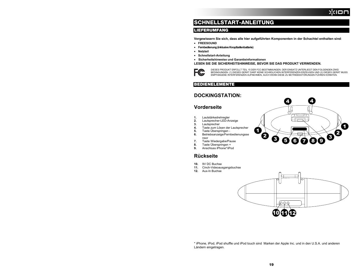 Schnellstart-anleitung, Dockingstation: vorderseite, Rückseite | ION Audio Free Sound User Manual | Page 19 / 28