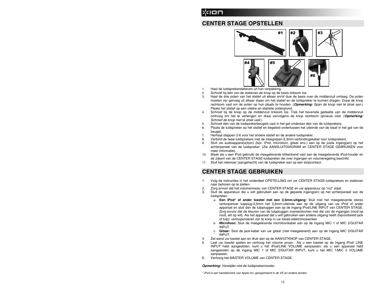 Center stage opstellen, Center stage gebruiken | ION Audio Center Stage User Manual | Page 18 / 20