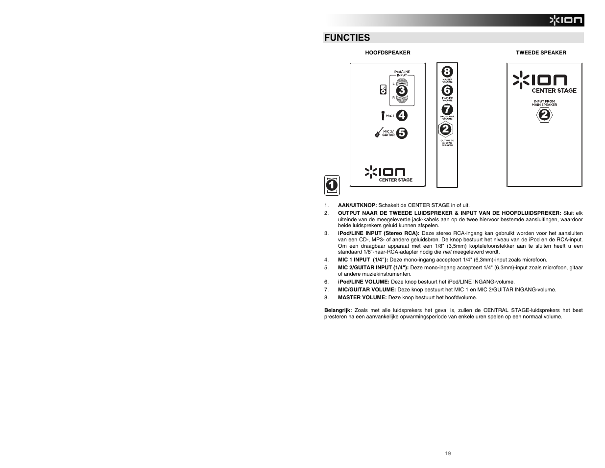 Functies | ION Audio Center Stage User Manual | Page 19 / 20