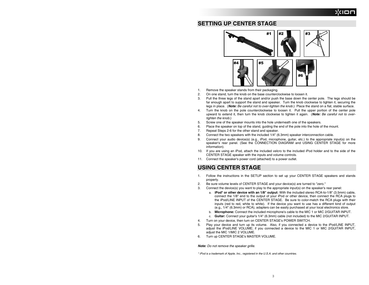 Setting up center stage, Using center stage | ION Audio Center Stage User Manual | Page 3 / 20