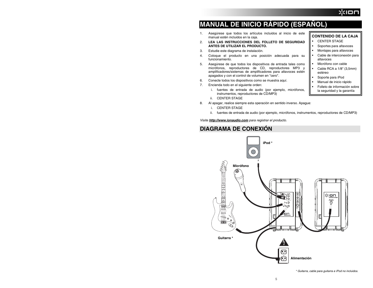 Manual de inicio rápido (español), Diagrama de conexión | ION Audio Center Stage User Manual | Page 5 / 20