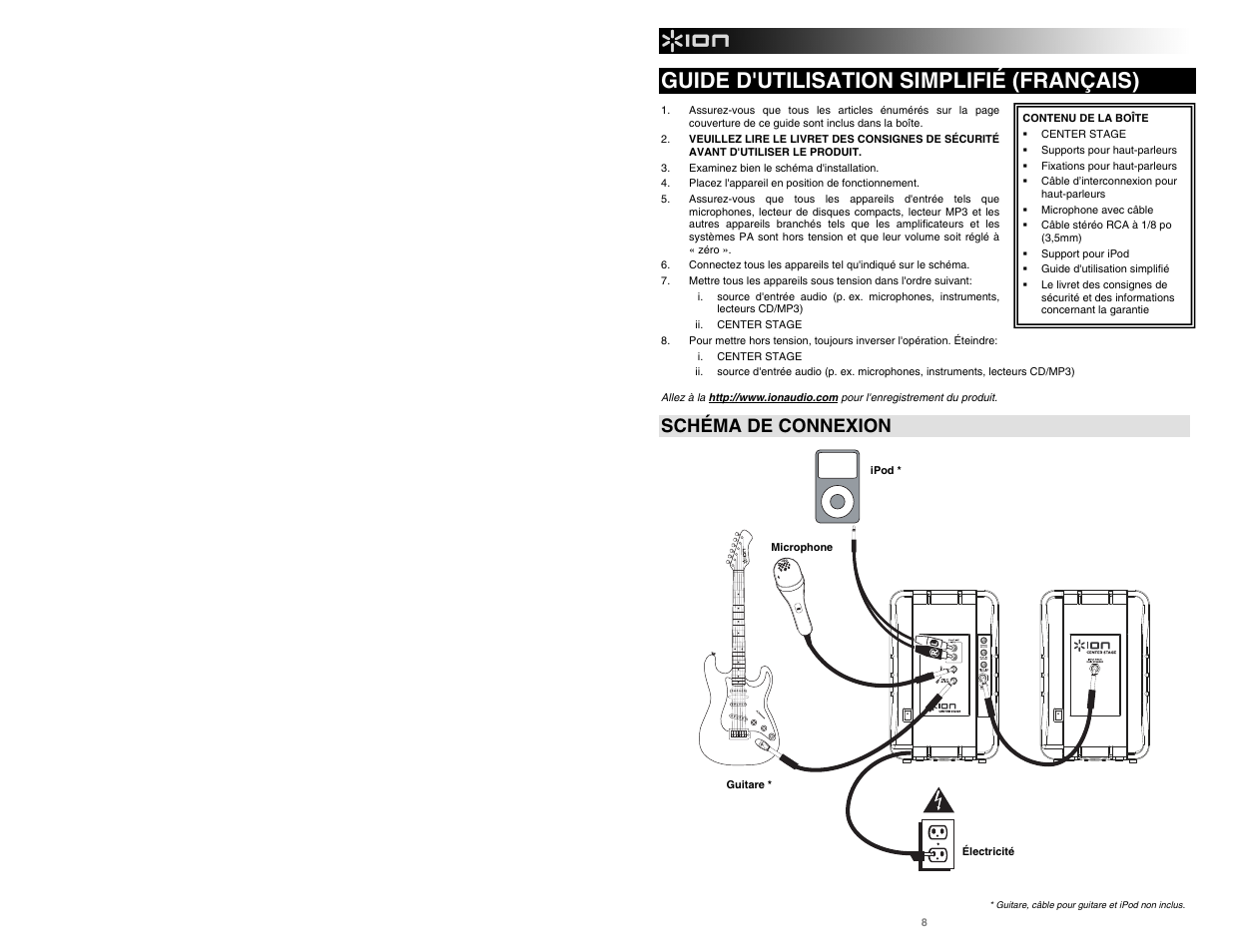 Guide d'utilisation simplifié (français), Schéma de connexion | ION Audio Center Stage User Manual | Page 8 / 20