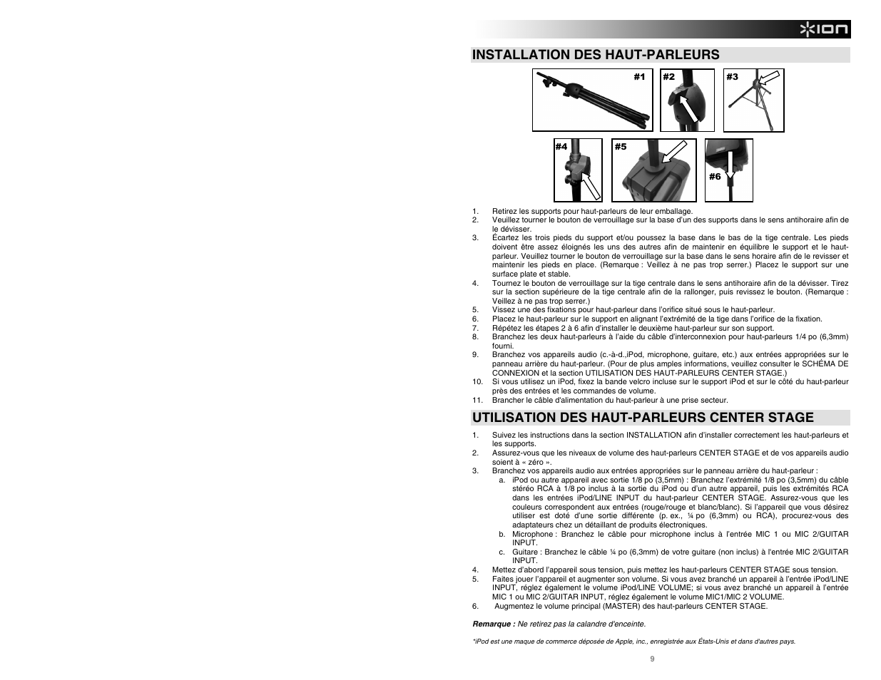 Installation des haut-parleurs, Utilisation des haut-parleurs center stage | ION Audio Center Stage User Manual | Page 9 / 20