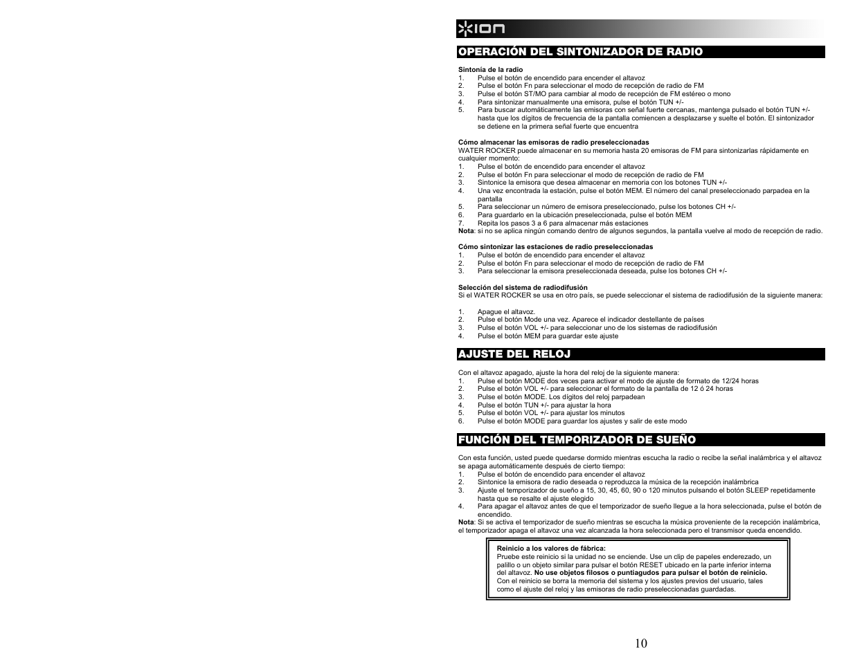 Operación del sintonizador de radio, Ajuste del reloj, Función del temporizador de sueño | ION Audio WATER ROCKER User Manual | Page 10 / 28