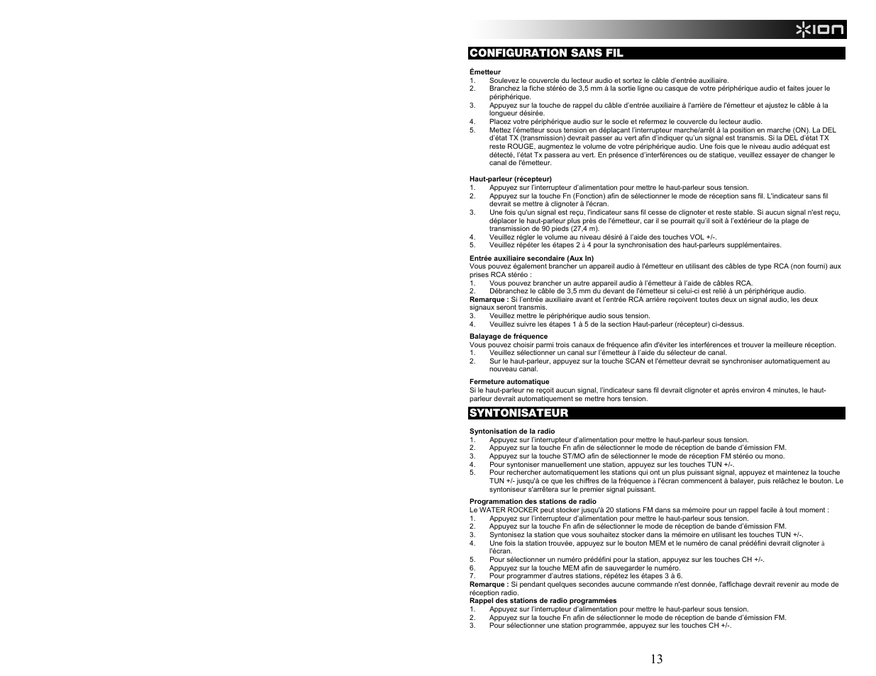 Configuration sans fil, Syntonisateur | ION Audio WATER ROCKER User Manual | Page 13 / 28