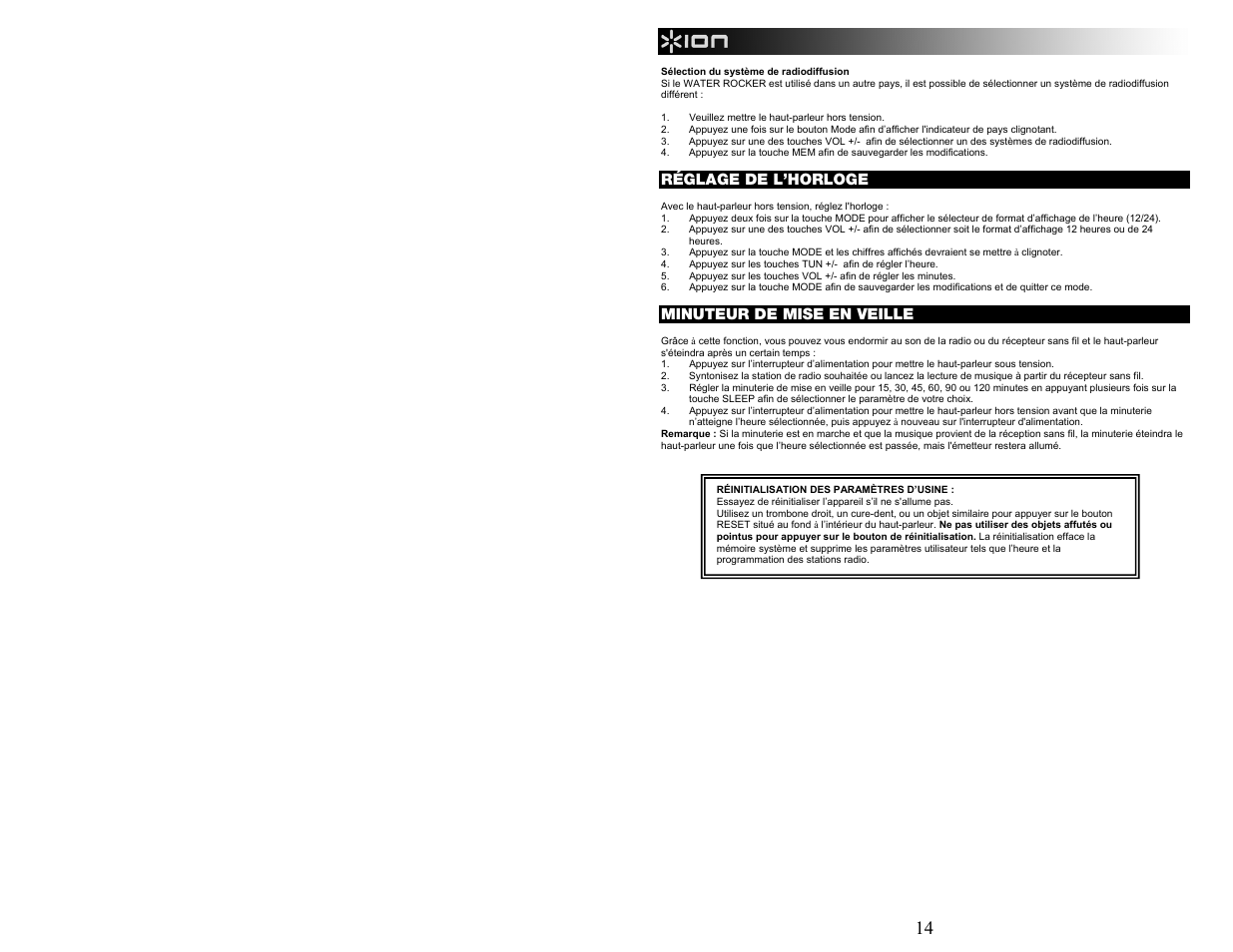 Réglage de l’horloge, Minuteur de mise en veille | ION Audio WATER ROCKER User Manual | Page 14 / 28