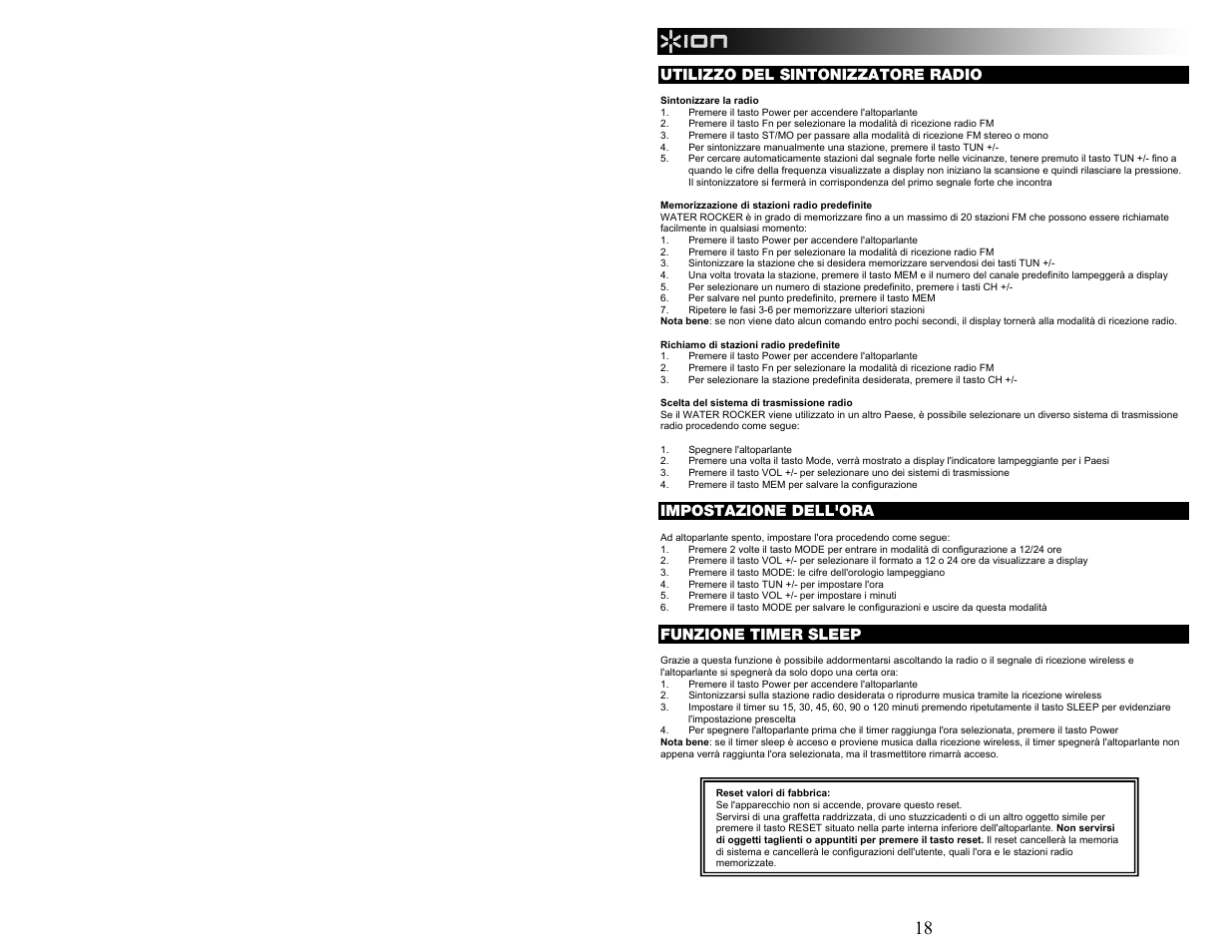 Utilizzo del sintonizzatore radio, Impostazione dell'ora, Funzione timer sleep | ION Audio WATER ROCKER User Manual | Page 18 / 28