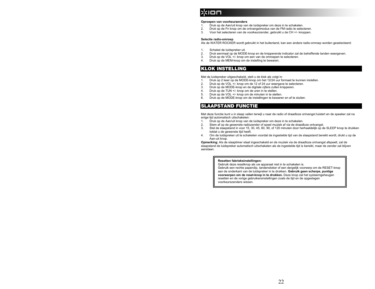 Klok instelling, Slaapstand functie | ION Audio WATER ROCKER User Manual | Page 22 / 28