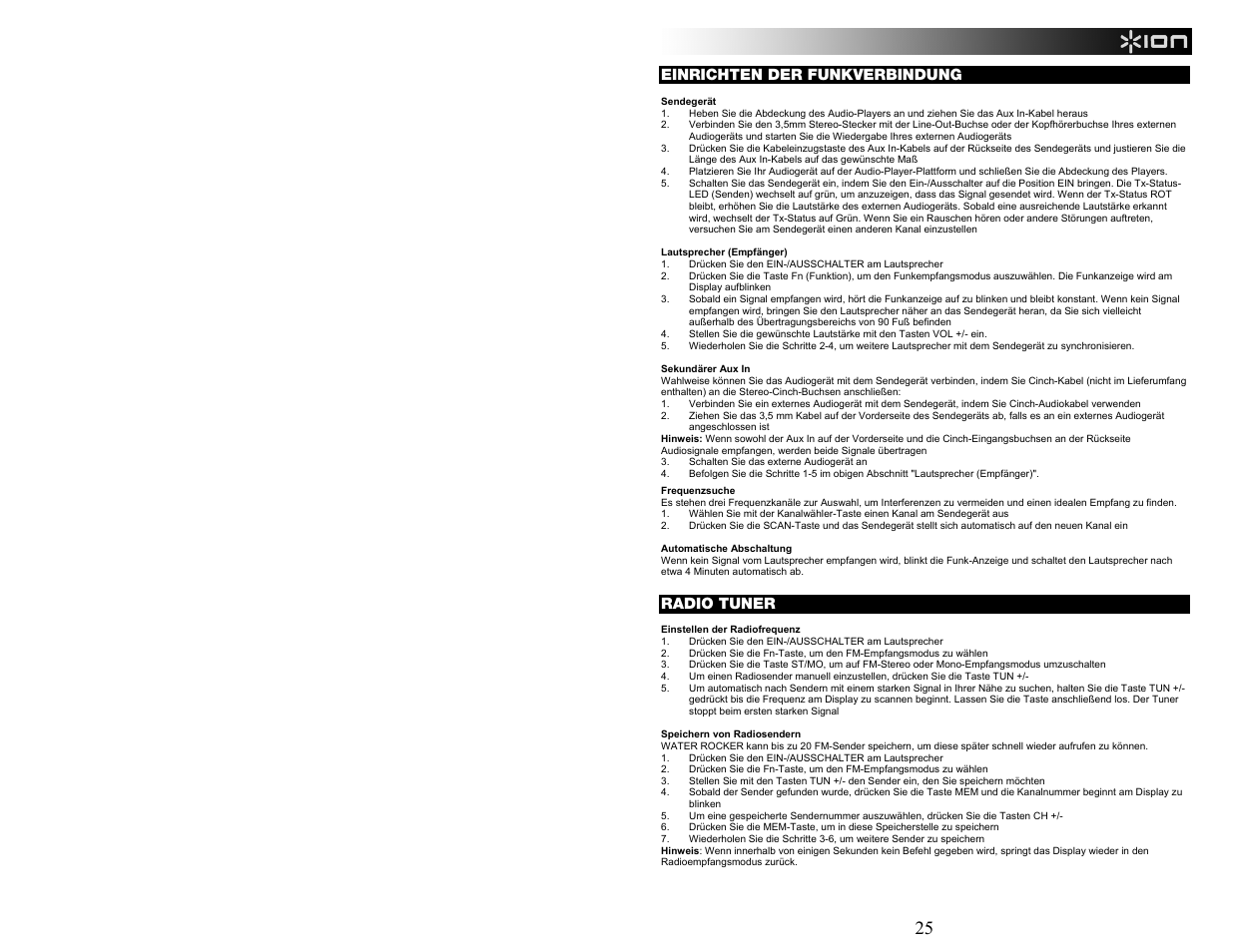 Einrichten der funkverbindung, Radio tuner | ION Audio WATER ROCKER User Manual | Page 25 / 28
