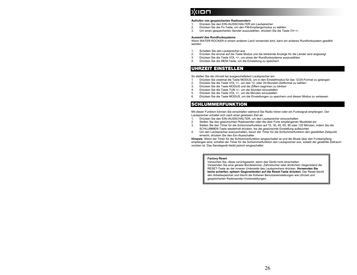 Uhrzeit einstellen, Schlummerfunktion | ION Audio WATER ROCKER User Manual | Page 26 / 28