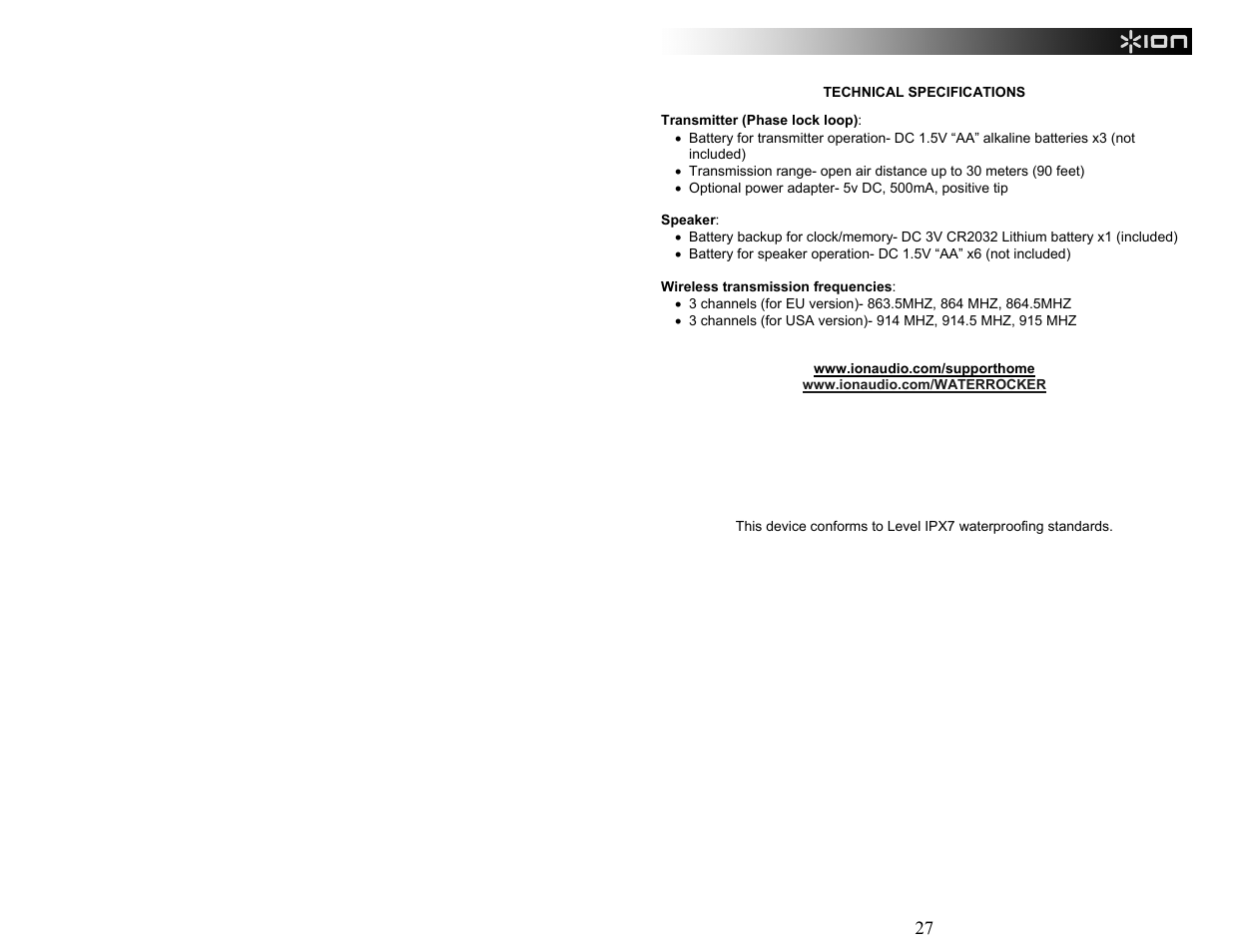 ION Audio WATER ROCKER User Manual | Page 27 / 28