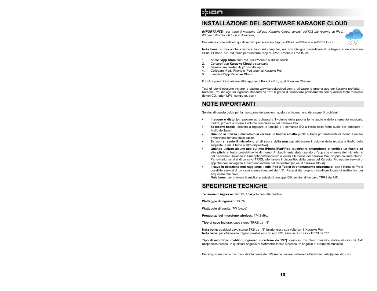 Installazione del software karaoke cloud, Specifiche tecniche | ION Audio Karaoke Pro User Manual | Page 10 / 16