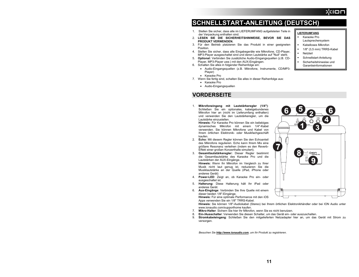 Schnellstart-anleitung (deutsch), Vorderseite, Input | ION Audio Karaoke Pro User Manual | Page 11 / 16