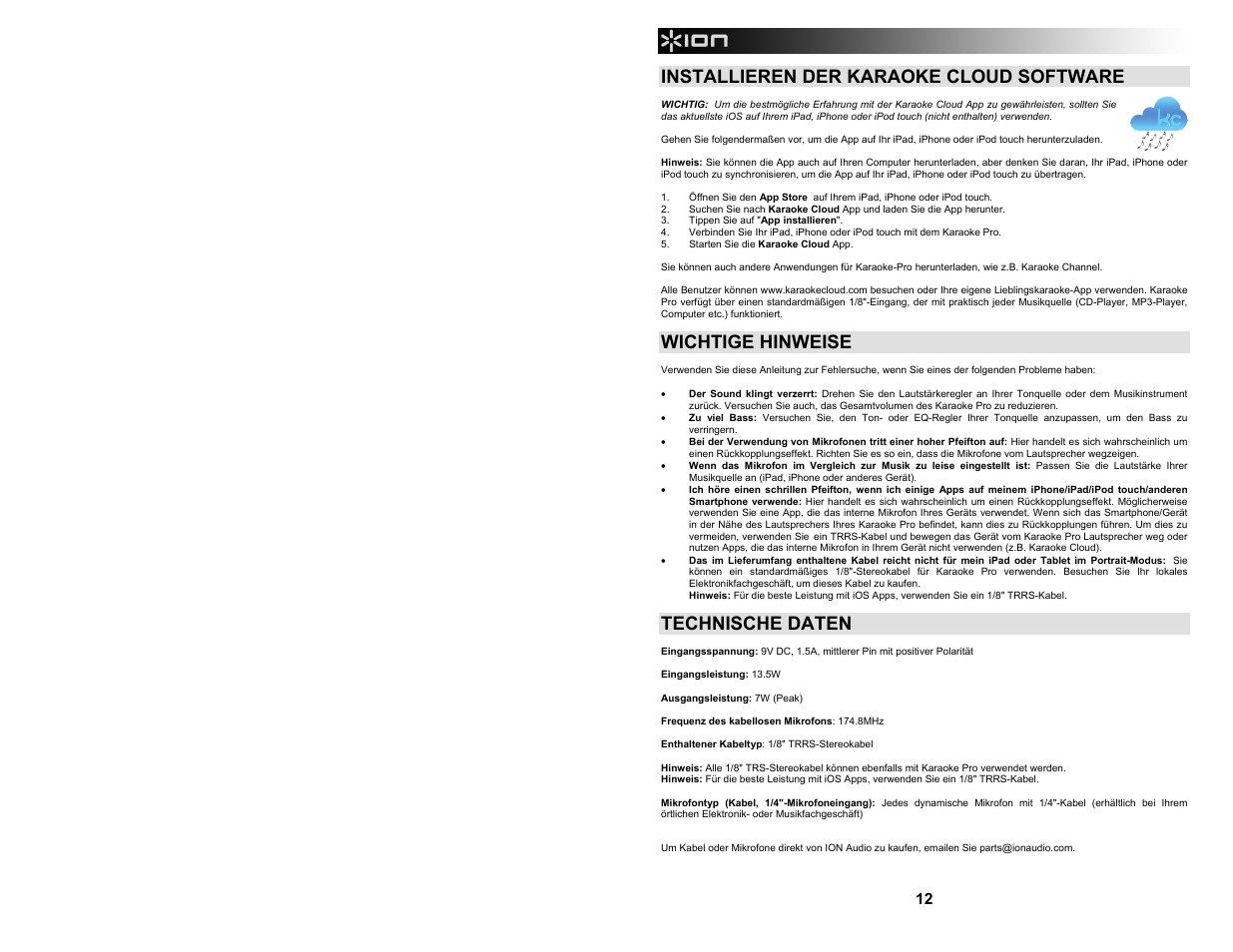 Installieren der karaoke cloud software, Wichtige hinweise, Technische daten | ION Audio Karaoke Pro User Manual | Page 12 / 16