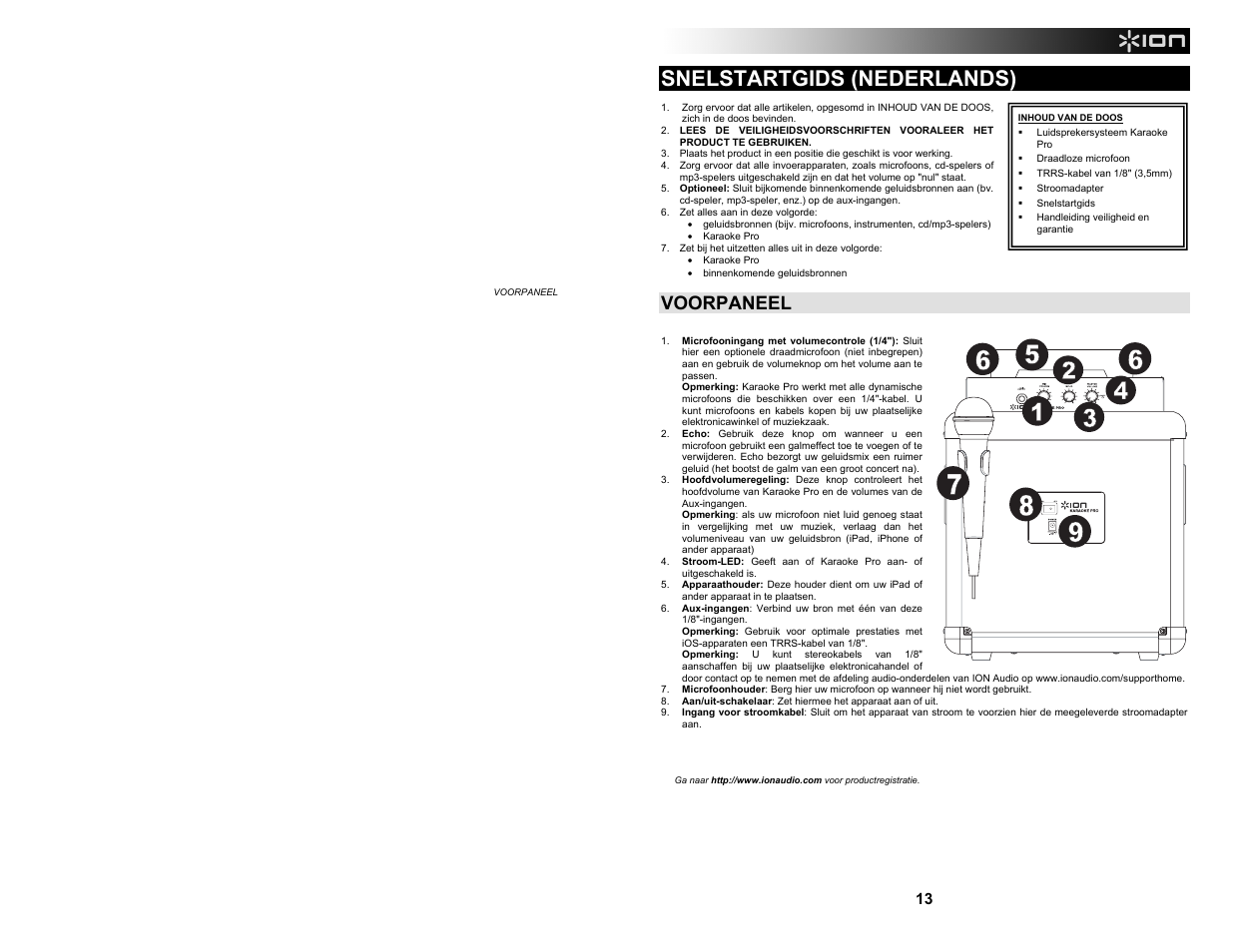 Snelstartgids (nederlands), Voorpaneel, Input | ION Audio Karaoke Pro User Manual | Page 13 / 16