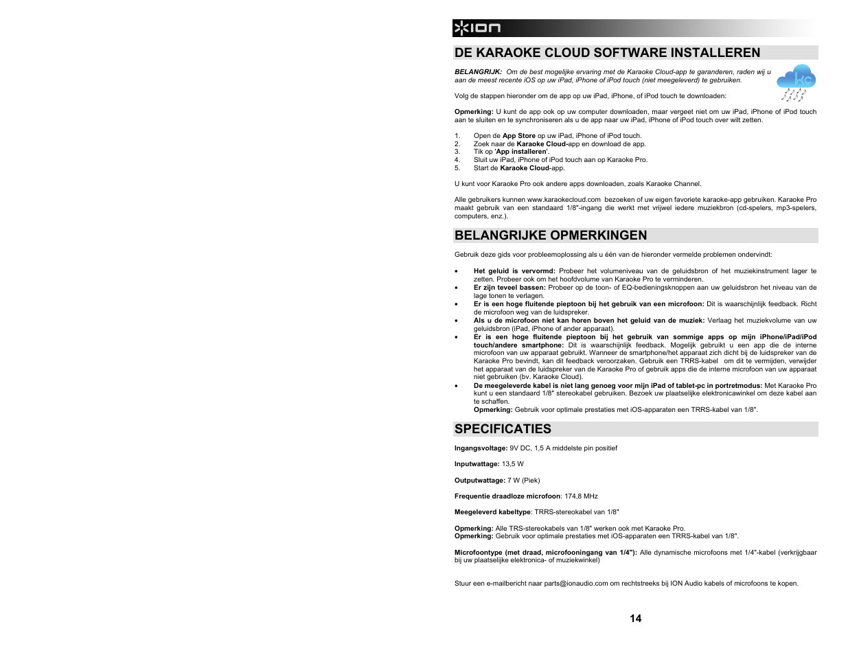 De karaoke cloud software installeren, Belangrijke opmerkingen, Specificaties | ION Audio Karaoke Pro User Manual | Page 14 / 16