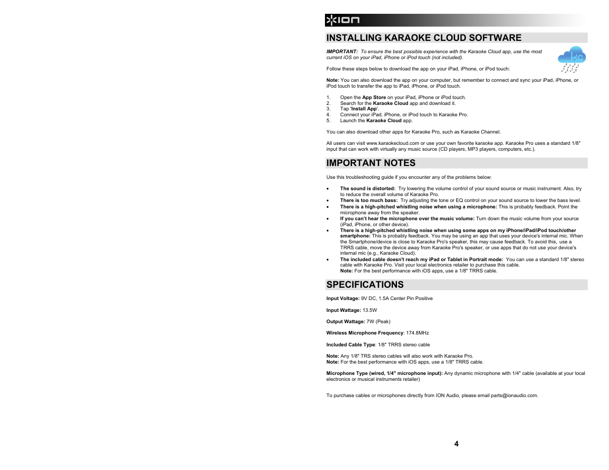 Installing karaoke cloud software, Specifications | ION Audio Karaoke Pro User Manual | Page 4 / 16