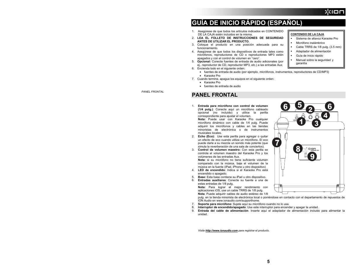 Guía de inicio rápido (español), Panel frontal, Input | ION Audio Karaoke Pro User Manual | Page 5 / 16