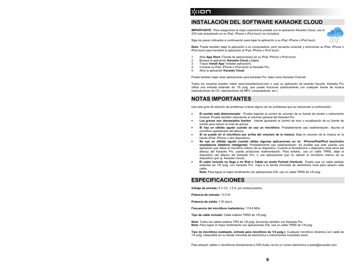 Instalación del software karaoke cloud, Notas importantes, Especificaciones | ION Audio Karaoke Pro User Manual | Page 6 / 16