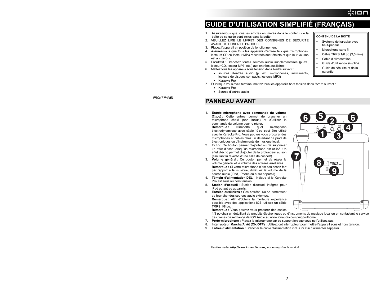 Guide d’utilisation simplifié (français), Panneau avant, Input | ION Audio Karaoke Pro User Manual | Page 7 / 16