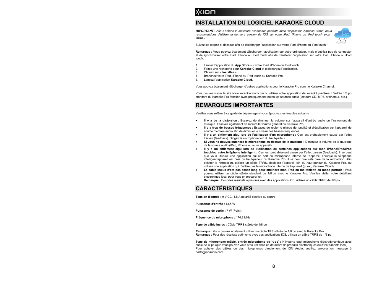 Installation du logiciel karaoke cloud, Remarques importantes, Caractéristiques | ION Audio Karaoke Pro User Manual | Page 8 / 16