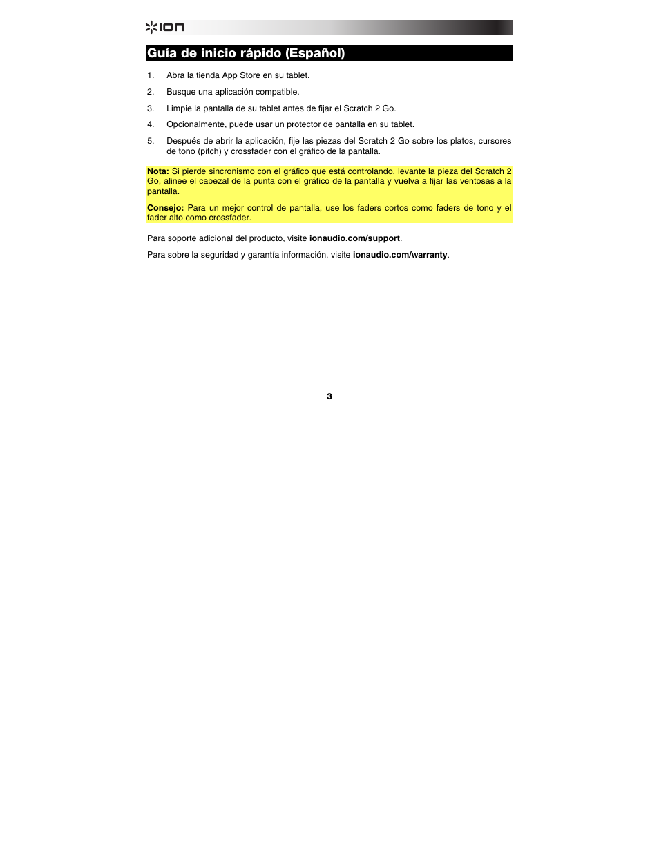 Guía de inicio rápido (español), Guía de inicio rápido, Español ( 3 ) | ION Audio Scratch 2 Go User Manual | Page 3 / 8