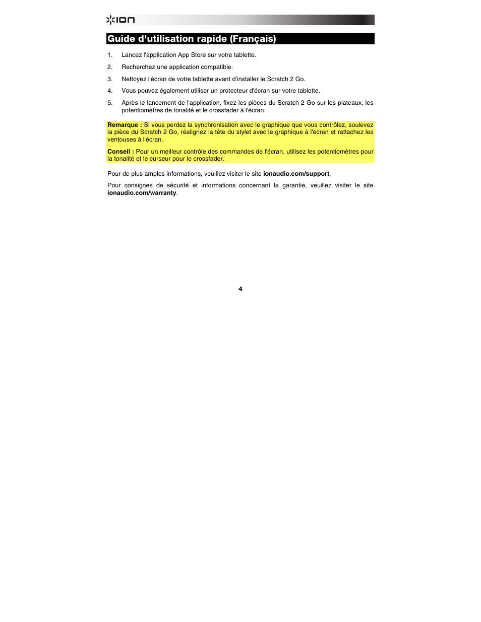 Guide d'utilisation rapide (français), Guide d'utilisation rapide, Fran | Çais ( 4 ) | ION Audio Scratch 2 Go User Manual | Page 4 / 8