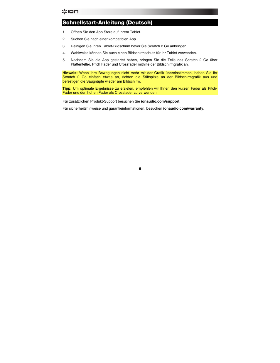 Schnellstart-anleitung (deutsch), Schnellstart-anleitung, Deutsch ( 6 ) | ION Audio Scratch 2 Go User Manual | Page 6 / 8