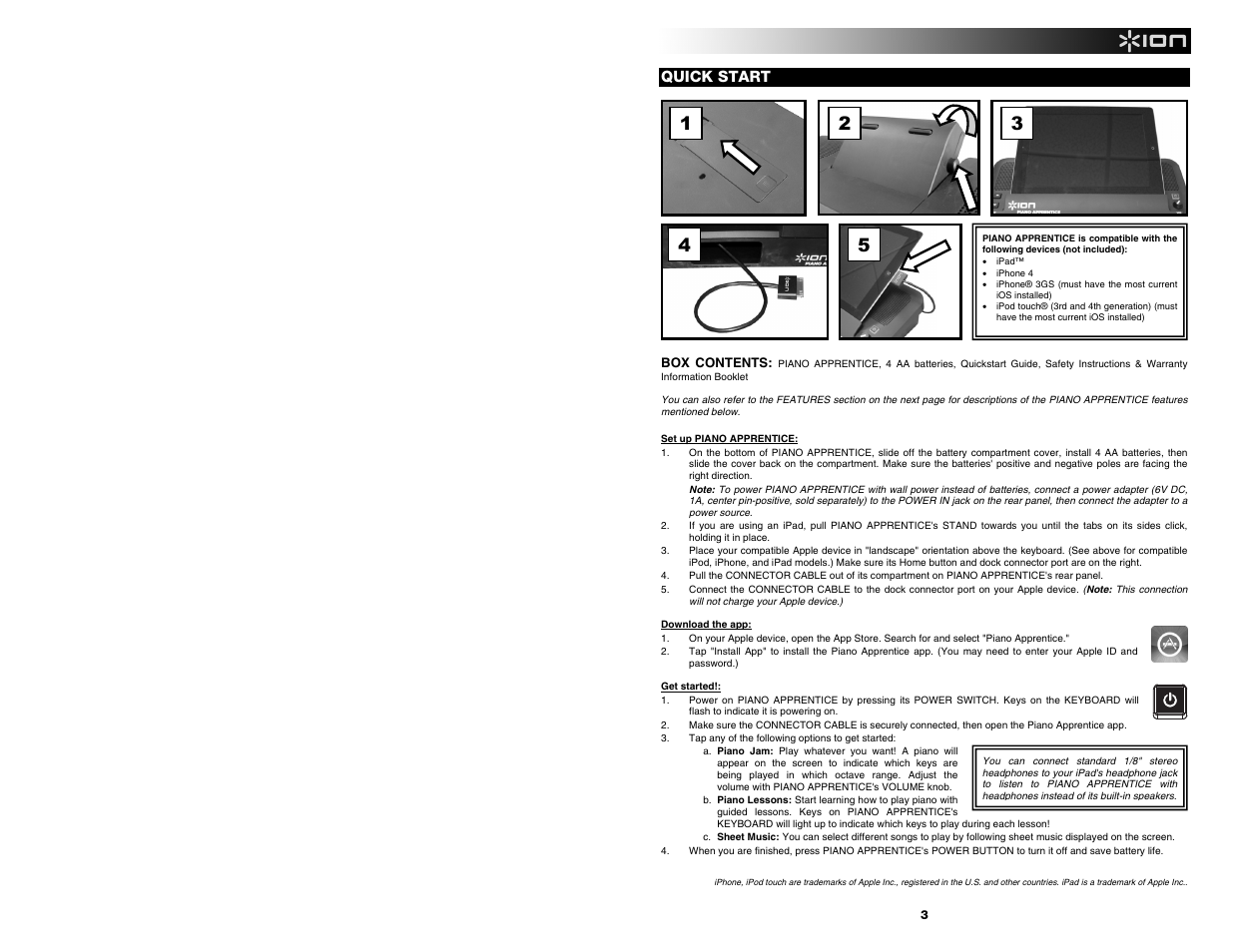 Quick start | ION Audio Piano Apprentice User Manual | Page 3 / 16