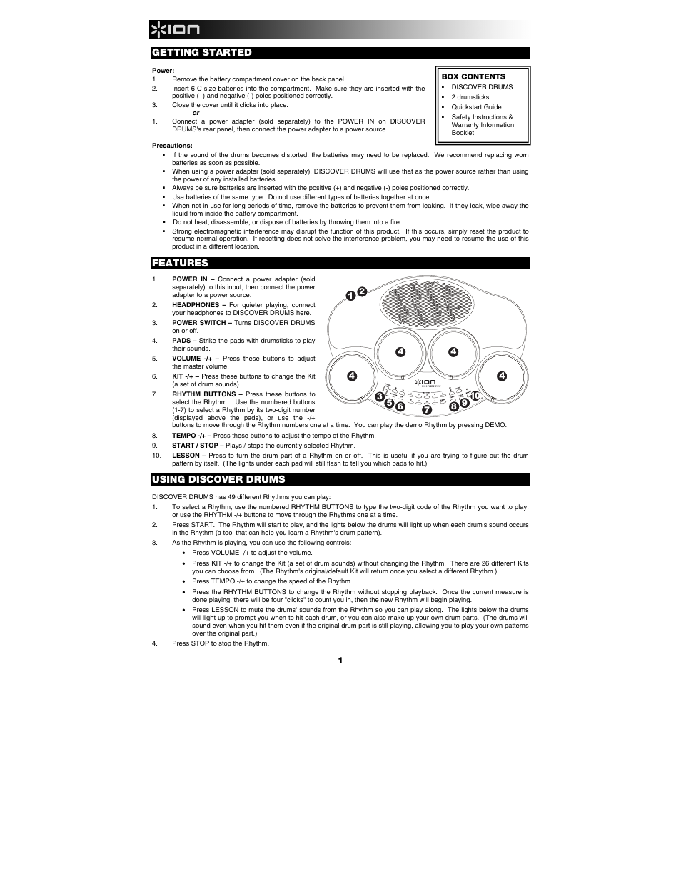 Getting started, Features, Using discover drums | ION Audio Discover Drums User Manual | Page 2 / 8