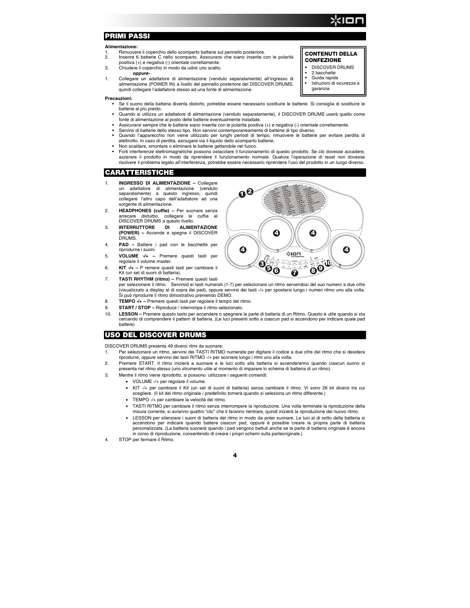 Primi passi, Caratteristiche, Uso del discover drums | ION Audio Discover Drums User Manual | Page 5 / 8