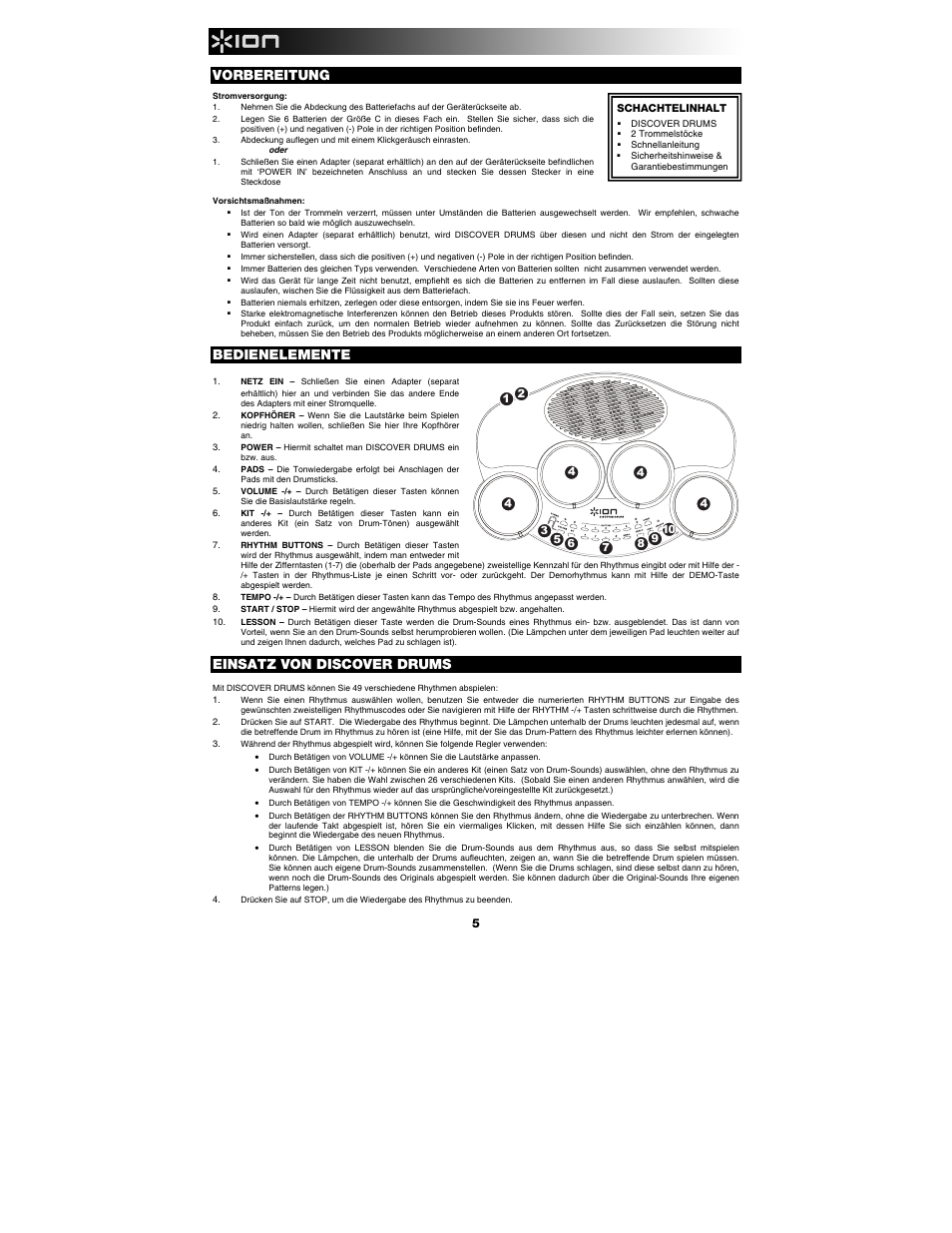 Vorbereitung, Bedienelemente, Einsatz von discover drums | ION Audio Discover Drums User Manual | Page 6 / 8