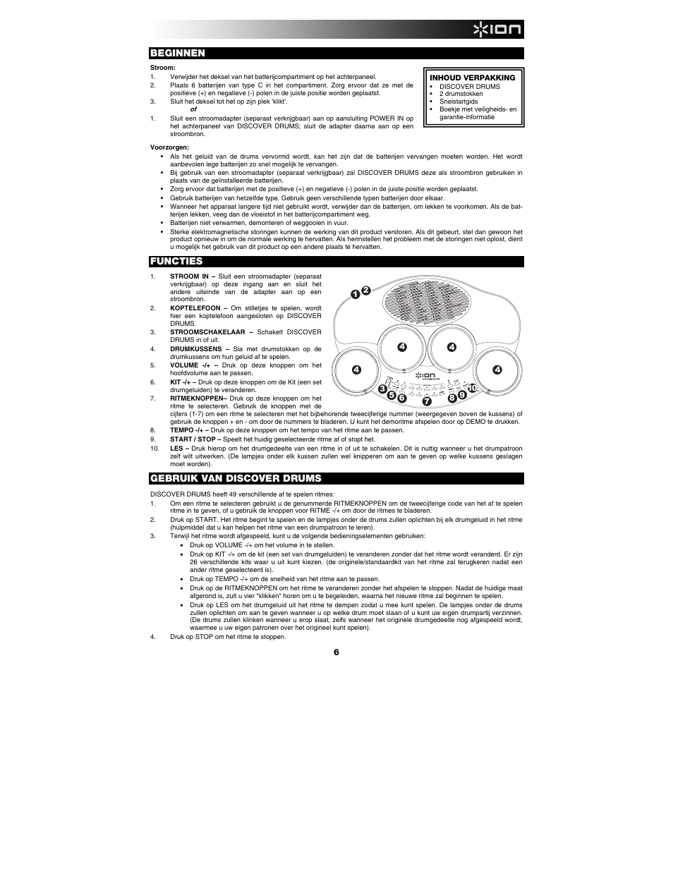 Beginnen, Functies, Gebruik van discover drums | ION Audio Discover Drums User Manual | Page 7 / 8