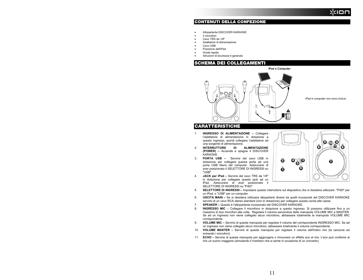Schema dei collegamenti, Caratteristiche | ION Audio Discover Karaoke User Manual | Page 11 / 20