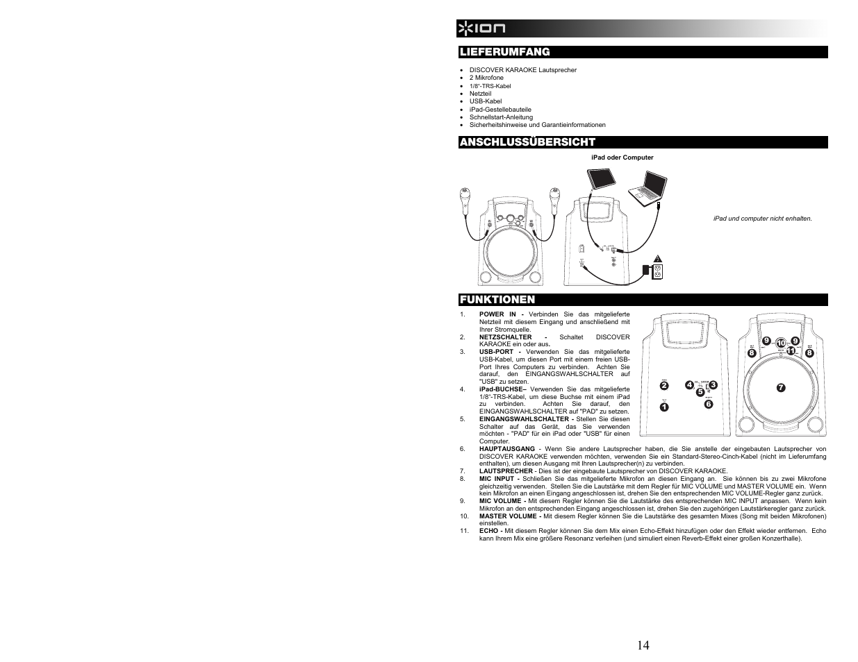 Lieferumfang, Anschlussübersicht, Funktionen | ION Audio Discover Karaoke User Manual | Page 14 / 20