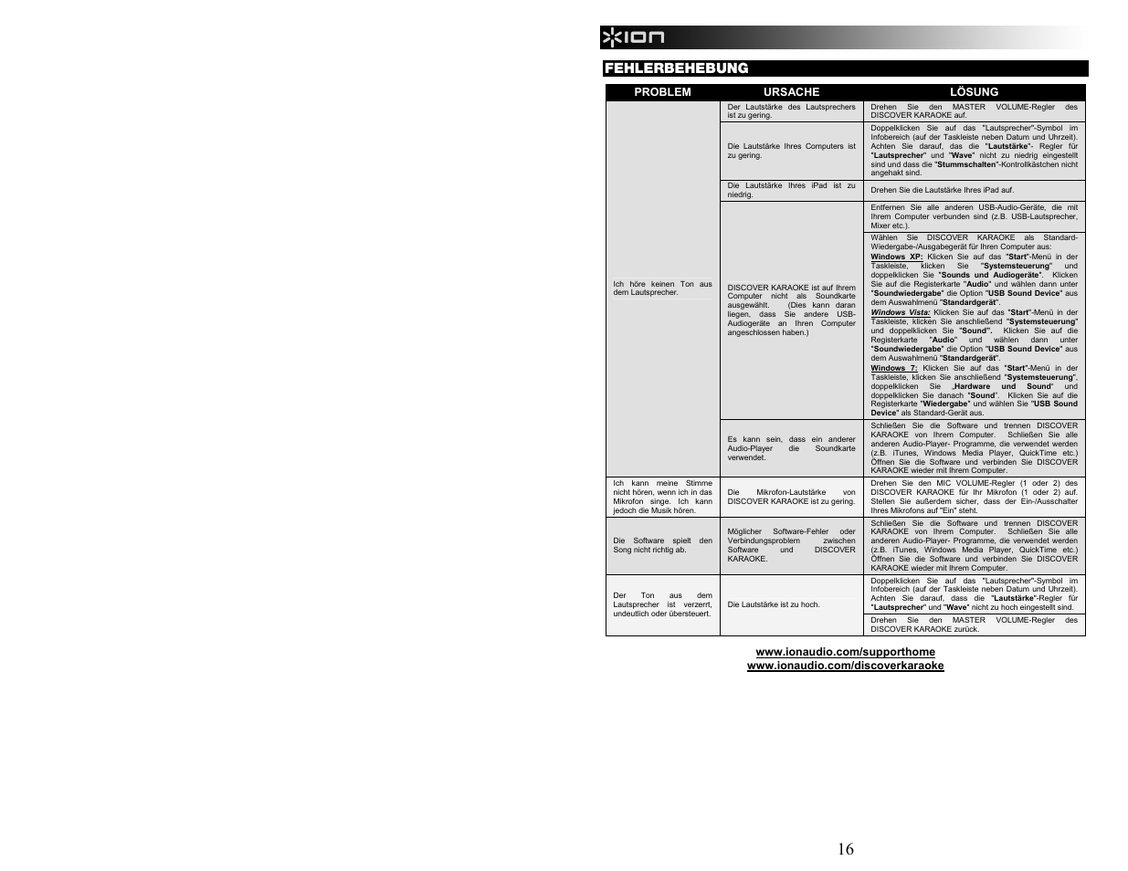 Fehlerbehebung | ION Audio Discover Karaoke User Manual | Page 16 / 20