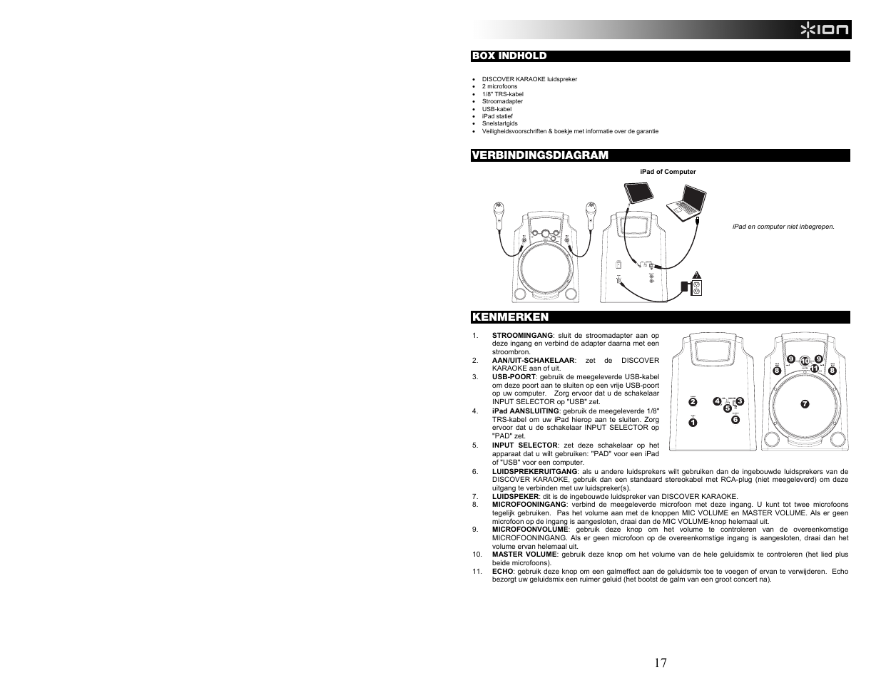 Verbindingsdiagram, Kenmerken | ION Audio Discover Karaoke User Manual | Page 17 / 20