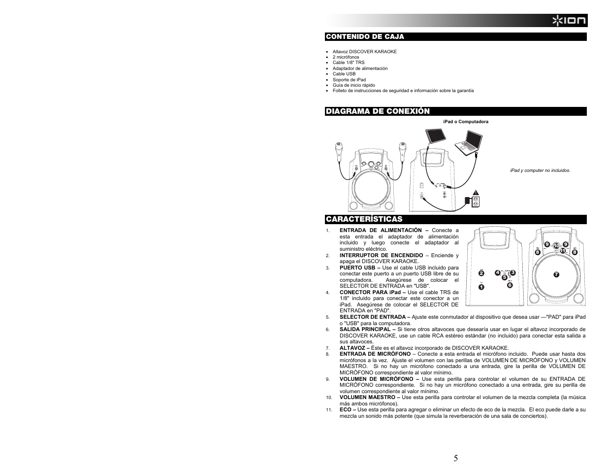 Diagrama de conexión, Características | ION Audio Discover Karaoke User Manual | Page 5 / 20