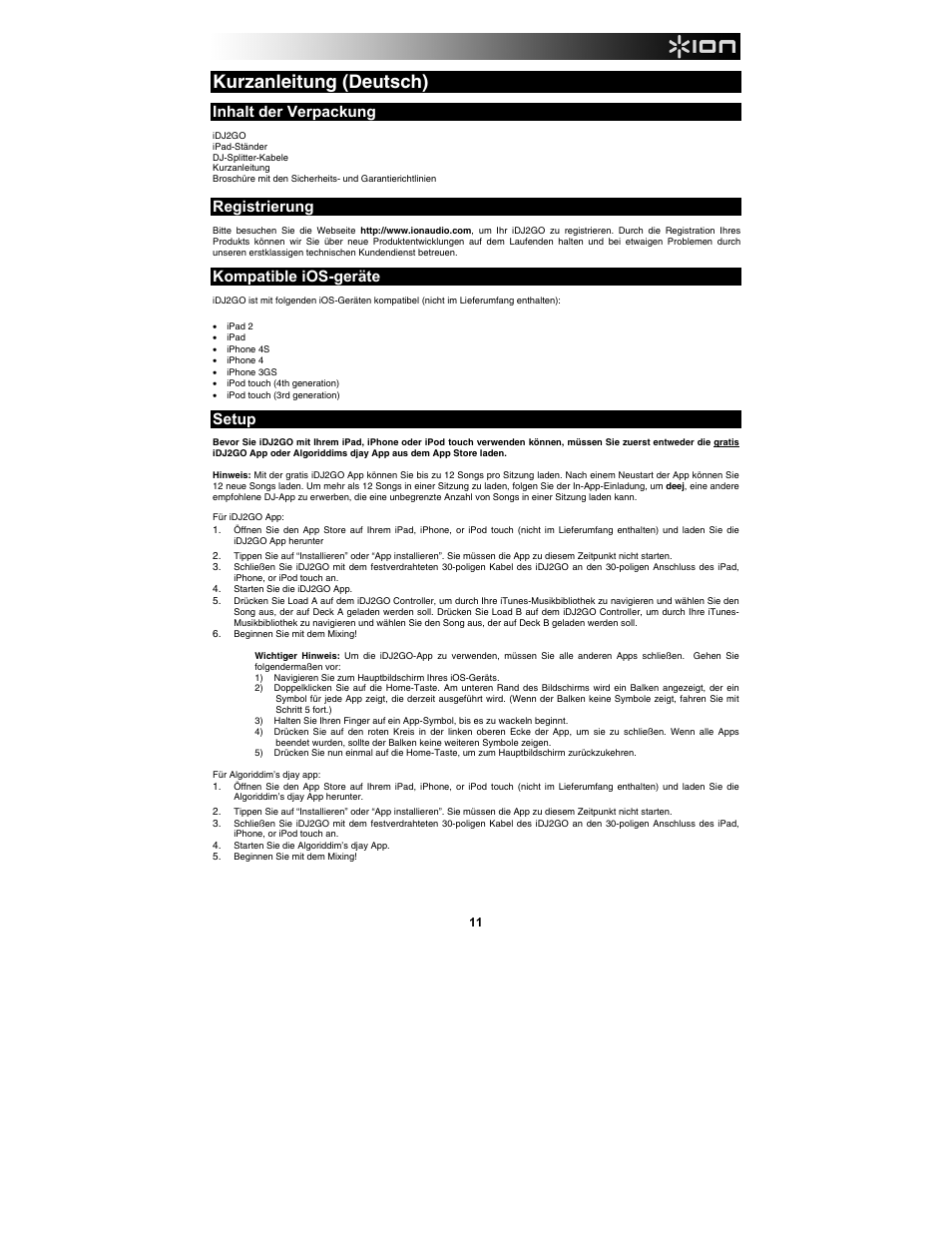 Kurzanleitung (deutsch), Inhalt der verpackung, Registrierung | Kompatible ios-geräte, Setup | ION Audio iDJ 2 Go User Manual | Page 11 / 16