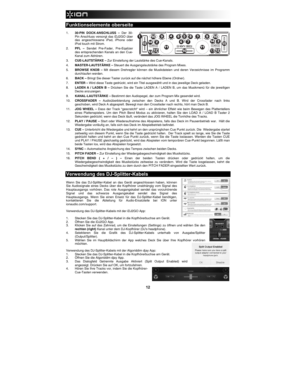 Funktionselemente oberseite, Verwendung des dj-splitter-kabels | ION Audio iDJ 2 Go User Manual | Page 12 / 16