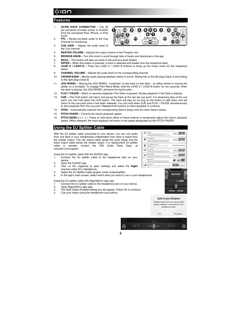 Features, Using the dj splitter cable | ION Audio iDJ 2 Go User Manual | Page 4 / 16