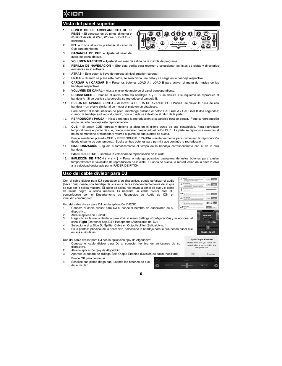 Vista del panel superior, Uso del cable divisor para dj | ION Audio iDJ 2 Go User Manual | Page 6 / 16