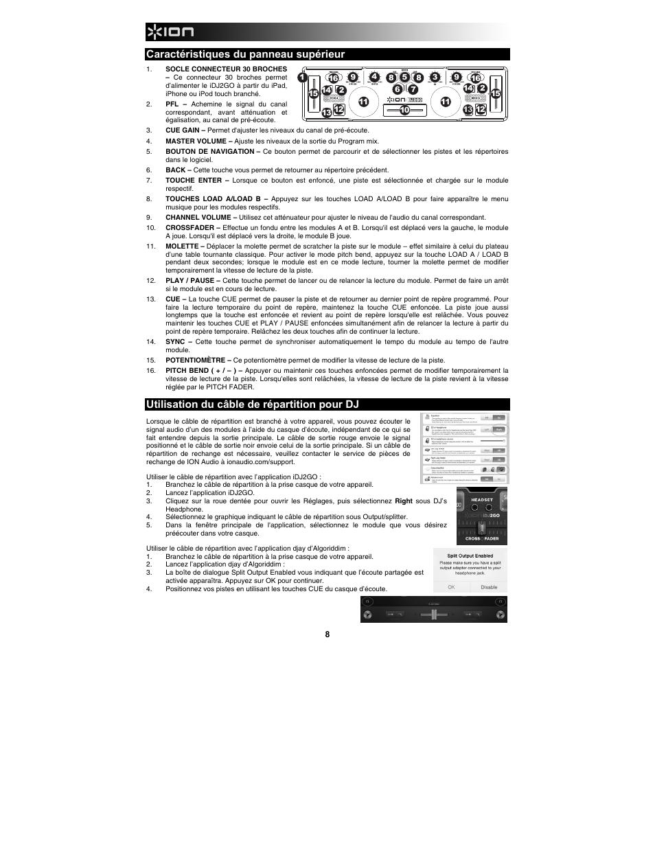 Caractéristiques du panneau supérieur, Utilisation du câble de répartition pour dj | ION Audio iDJ 2 Go User Manual | Page 8 / 16