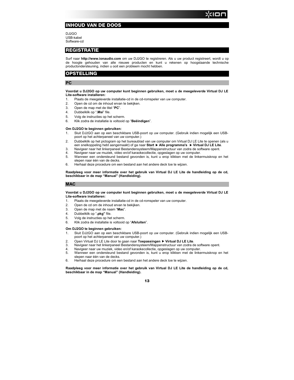 Inhoud van de doos, Registratie, Opstelling | ION Audio DJ2GO User Manual | Page 13 / 16