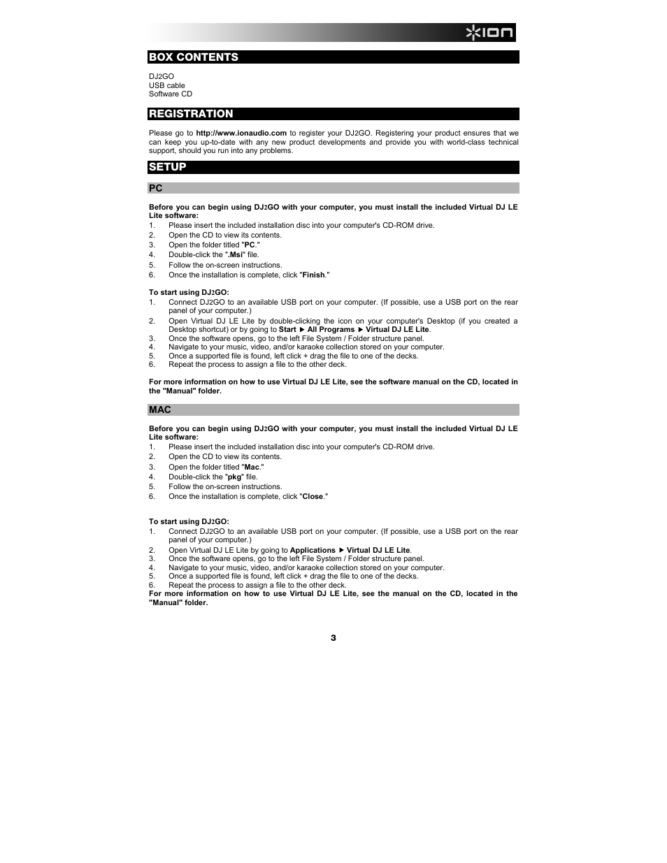 Box contents, Registration, Setup | ION Audio DJ2GO User Manual | Page 3 / 16