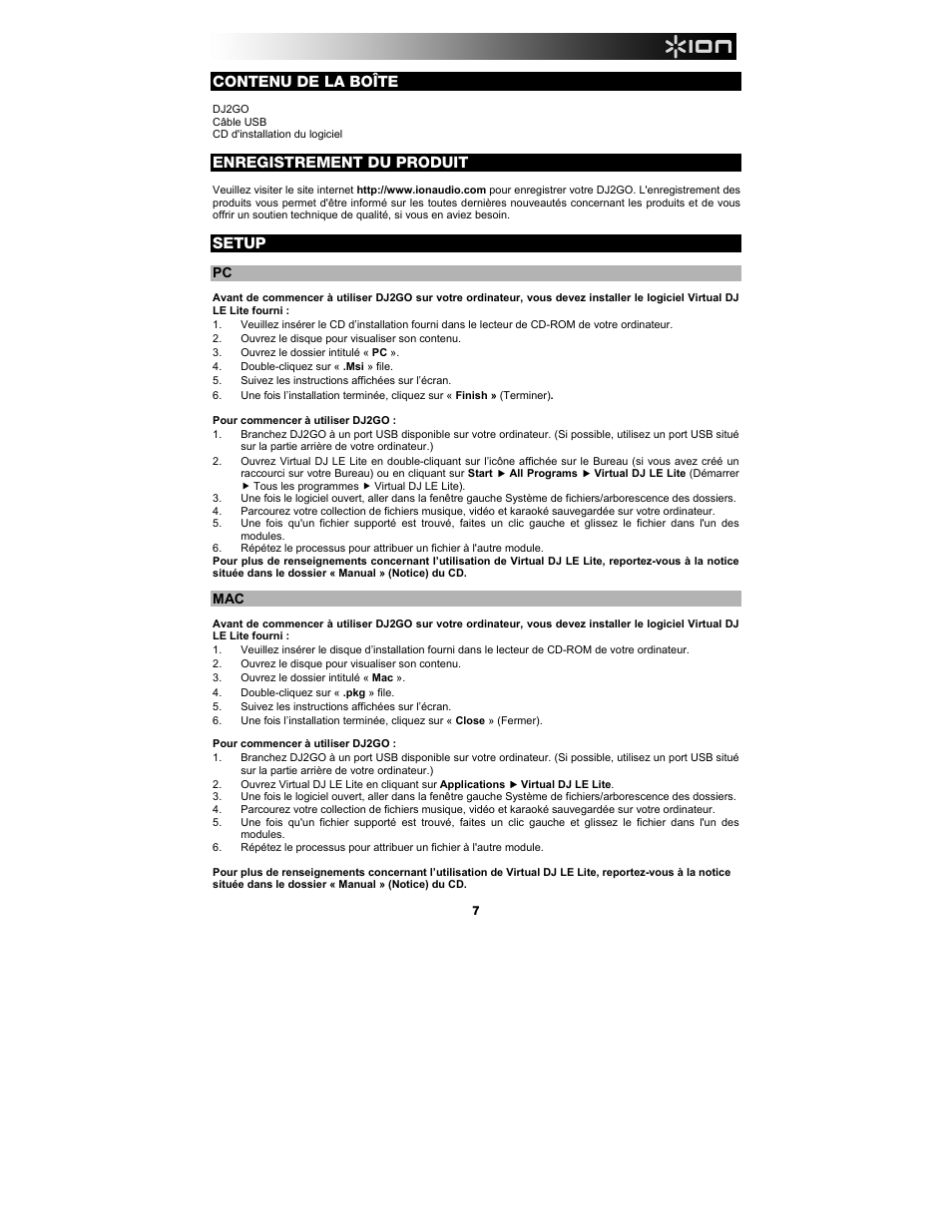 Contenu de la boîte, Enregistrement du produit, Setup | ION Audio DJ2GO User Manual | Page 7 / 16