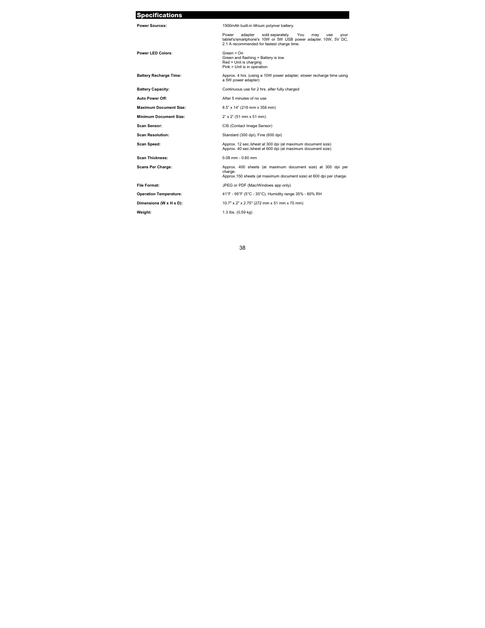 Specifications | ION Audio Air Copy User Manual | Page 38 / 40